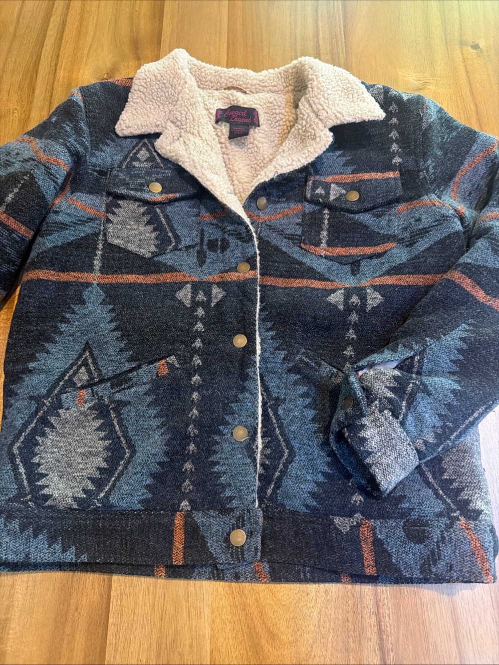 Cowgirl Legend Women’s Southwestern Aztec Sherpa Lined Trucker Jacket Wool L